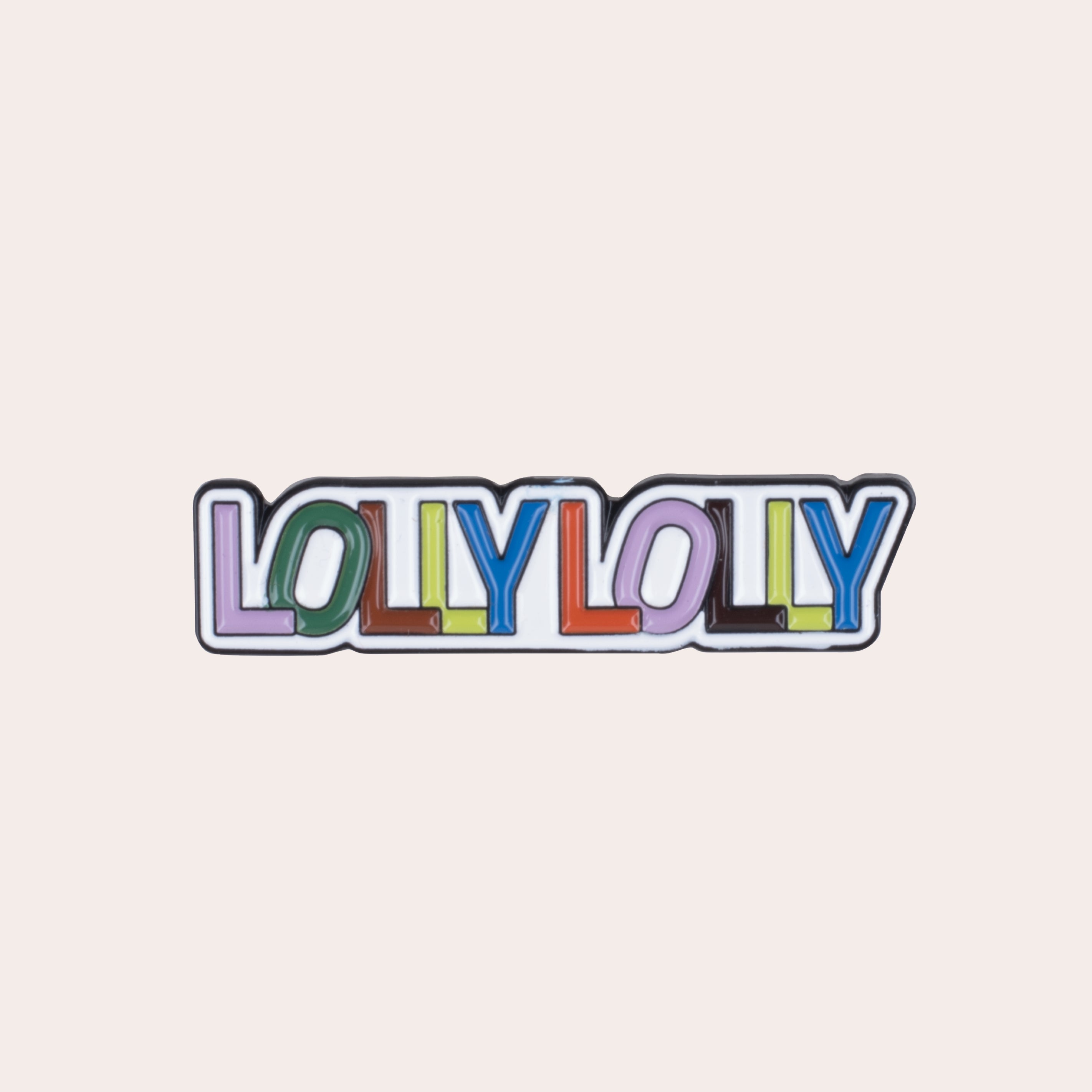 A soft enamel pin that reads "Lolly Lolly" in colorful letters with PVC rubber back.