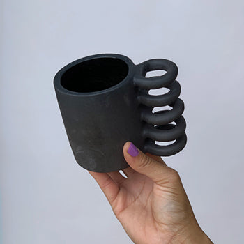 Black matte stoneware ceramic mug with a full spiral handle.