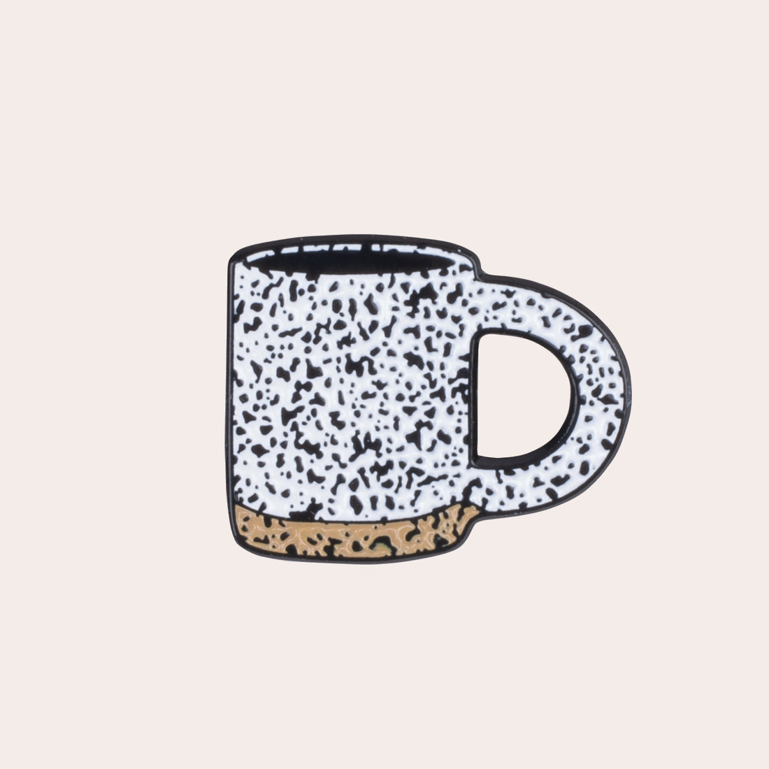 A soft enamel speckled mug pin with PVC rubber back.